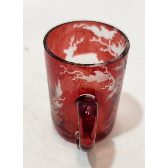 Vtg Set of 4 Bohemian Flash Glass Red Etched Deer Miniature Shot Mugs 1.75" Tall - Picture 6 of 12